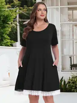 Walmart LATWIIV Women's Plus Size Casual Printed Round Neck Lace Button Short Sleeves Dress NavyBlue_1X offer