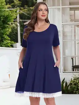 Walmart LATWIIV Women's Plus Size Casual Printed Round Neck Lace Button Short Sleeves Dress NavyBlue_1X offer