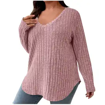 Walmart Jalioing Womens Pullover Top Long Sleeve Ribbed Knit Shirt V-Neck Loose Casual Plus Size Tops offer