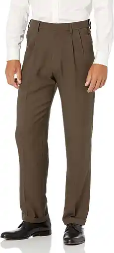 Walmart Haggar Mens Premium Comfort Classic Fit Pleat Expandable Waist Pant 44W x 29L Dark Chocolate offer