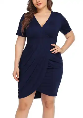 Walmart Aiyino Womens Plus Size Short Sleeve Deep V Neck Bodycon Wrap Dress with Front Slit Casual Dress offer