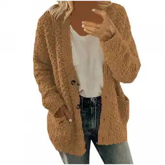 Walmart LoyisViDion Women Casual Plus Size Plush Sweater Pockets Outerwear Buttons Cardigan Coat Coffee 6(M) offer