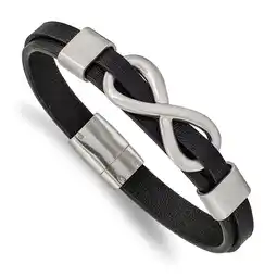 Walmart Primal Steel Stainless Steel Brushed Infinity Symbol Black Leather 8 Inch Bracelet offer