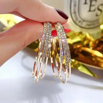 Walmart Needle Hoop Earrings for Women Jewelry Rose Gold Statement Rhinestone Punk Rock Large Round Earrings offer