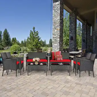 Walmart Gymax 8PCS Outdoor Furniture Set Patio Rattan Conversation Set w/ Red Cushion offer