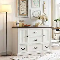 Walmart SinCiDo Farmhouse Coffee Bar Cabinet, 47 Buffet Cabinet w/5 Drawers, White offer