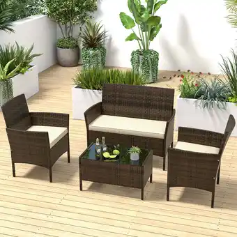 Walmart Costway 4 Metal Breathable Outdoor Conversation Sets with Loveseat and Table, Brown/Beige offer