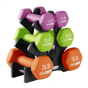 Walmart HolaHatha 1, 2, 3 lb Neoprene Dumbbell Weight Set with Rack, Multicolor offer