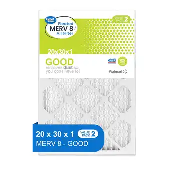 Walmart Great Value, 20x30x1, MERV 8 GOOD HVAC Air and Furnance Filter, Captures Dust, 2 Filters offer