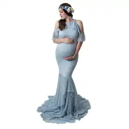 Walmart Maternity Off Shoulder Ruffle Sleeve Lace Women's Gown Maxi Photography Dress Baby Shower Dress offer