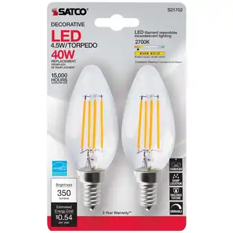 Walmart Satco S21702 B11 Candle LED Light Bulbs 4.5W 120V 2700K E12 Candelabra Base Dimmable (2 Pack) offer