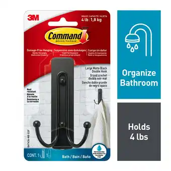 Walmart Command Large Double Bathroom Wall Hook, Black, Damage Free Hanging, 1 Metal Hook offer