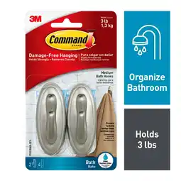 Walmart Command Bath Medium Hooks, Brushed Nickel, 2 Wall Hooks, 4 Water Resistant Strips offer