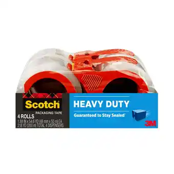 Walmart Scotch Heavy Duty Packaging Tape with Dispenser, 3 Core, Clear, 1.88 in x 54.6 yds, 4 Pack offer