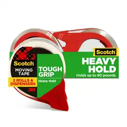 Walmart Scotch Tough Grip Moving Packaging Tape, Clear, 1.88 in x 38.2 yd, 2 Rolls and 1 Dispenser offer