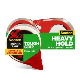 Walmart Scotch Tough Grip Moving Packaging Tape, Clear, 1.88 in x 38.2 yd, 2 Rolls and 1 Dispenser offer