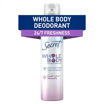 Walmart Secret Whole Body Women's Deodorant Aluminum Free Spray, Lilac & Waterlily 3.5oz offer