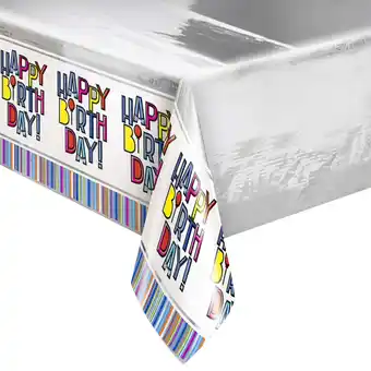 Walmart Way to Celebrate! Bright Stripes Birthday Foil Party Tablecloth, 84 x 54in offer