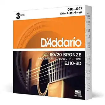 Walmart D'Addario EJ10-3D Bronze Acoustic Guitar Strings, 10-47, 3 Sets, Extra Light offer