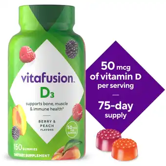 Walmart vitafusion Vitamin D3 Gummy Vitamins, 50 mcg, Peach, Blackberry and Strawberry Flavored, 150 Count offer