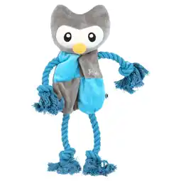 Walmart Posh Paws Dog Toy Flattie Owl with Rope, Blue and Gray offer