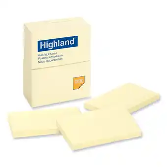 Walmart Highland Self-Stick Notes, 3 x 5, Yellow, 100 Sheets Per Pad, 12 Pads Per Pack offer