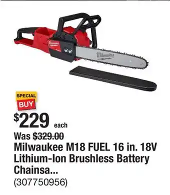 The Home Depot Milwaukee M18 FUEL 16 in. 18V Lithium-Ion Brushless Battery Chainsaw (Tool-Only) offer