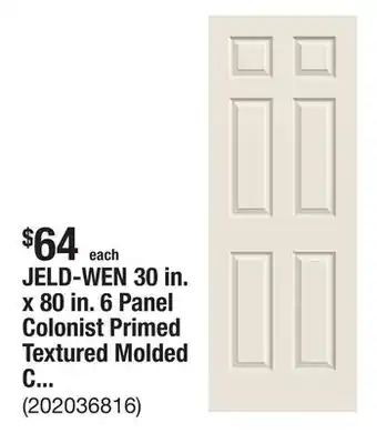 The Home Depot JELD-WEN 30 in. x 80 in. 6 Panel Colonist Primed Textured Molded Composite MDF Interior Door Slab offer