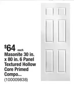 The Home Depot Masonite 30 in. x 80 in. 6 Panel Textured Hollow Core Primed Composite Interior Door Slab offer