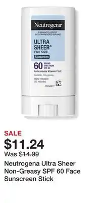 Ulta Beauty Neutrogena Ultra Sheer Non-Greasy SPF 60 Face Sunscreen Stick offer