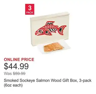 Costco Smoked Sockeye Salmon Wood Gift Box, 3-pack (6oz each) offer