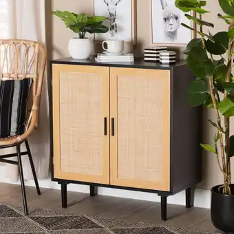 Walmart Baxton Studio Maureen Mid-Century Modern Espresso Brown Wood and Rattan 2-Door Storage Cabinet offer