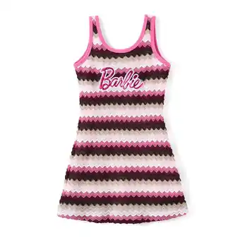 Walmart Barbie Girls Dresses Hot Pink Striped Letter Print Sleeveless A Line Sundress Sizes 6-7 Years offer