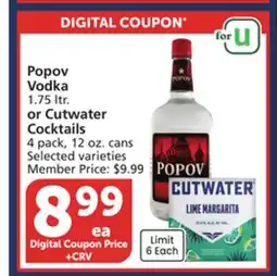 Albertsons Popov Vodka 1.75 ltr. or Cutwater Cocktails 4 pack, 12 oz. cans offer