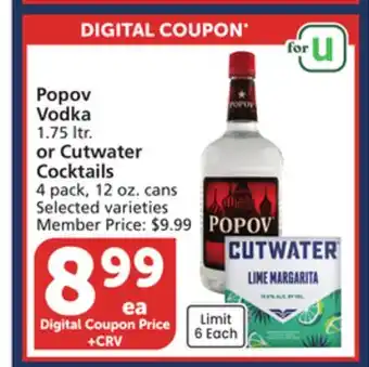 Albertsons Popov Vodka 1.75 ltr. or Cutwater Cocktails 4 pack, 12 oz. cans offer