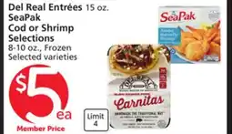 Albertsons Del Real Entrées 15 oz. SeaPak Cod or Shrimp Selections 8-10 oz offer