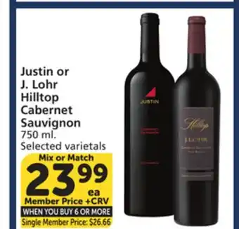 Albertsons Justin or J. Lohr Hilltop Cabernet Sauvignon offer