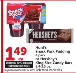 Albertsons Hunt's Snack Pack Pudding 4 pack or Hershey's King Size Candy Bars 2.4-3.5 oz offer