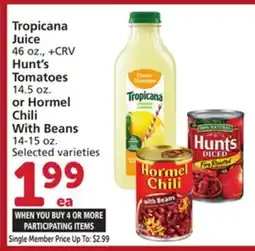 Albertsons Tropicana Juice 46 oz., Hunt's Tomatoes 14.5 oz. or Hormel Chili With Beans 14-15 oz offer