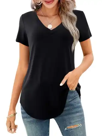 Walmart JYLFC Womens V Neck T-Shirts Short Sleeve Tops Casual Basic Shirts, Black L offer