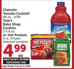 Vons Clamato Tomato Cocktail 64 oz., Tate's Bake Shop Cookies 5.5-8 oz. or Hot Pockets 4 ct offer