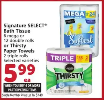 Vons Signature SELECT Bath Tissue 6 mega or 12 double rolls or Thirsty Paper Towels 2 triple rolls offer