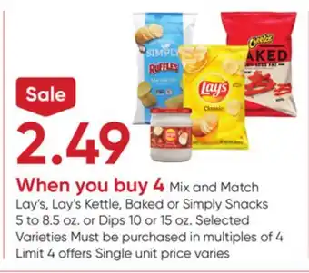 Stater Bros Lay's, Lay's Kettle, Baked or Simply Snacks 5 to 8.5 oz. or Dips 10 or 15 oz offer