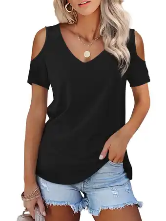 Walmart JYLFC Womens Cold Shoulder T Shirts Summer V Neck Short Sleeve Tops, Black L offer