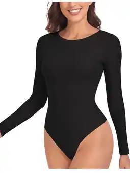 Walmart COOPLUS Womens Bodysuit Crew Neck Long Sleeve Bodysuit Tops Skin Friendly offer