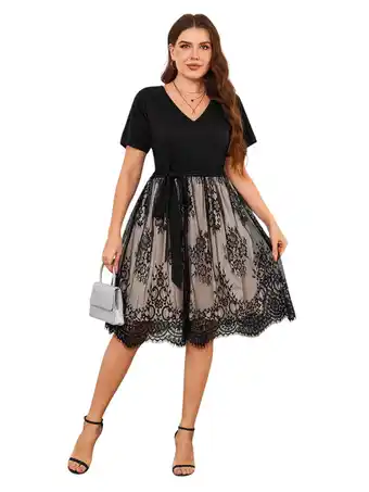 Walmart LapaPlus XL-6XL Plus Size Womens Short Sleeve Lace Sheer Evening Party Dress With Belt offer