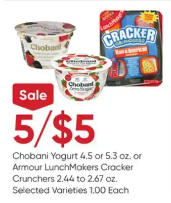 Stater Bros Chobani Yogurt 4.5 or 5.3 oz. or Armour LunchMakers Cracker Crunchers 2.44 to 2.67 oz offer