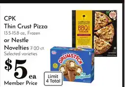 Pavilions CPK Thin Crust Pizza 13.5-15.8 oz., Frozen or Nestle Novelties 7-20 ct offer