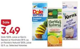 Stater Bros Dole 100% Juice or Kern's Nectar or Horchata 59 fl. oz. or Florida's Natural 100% Juice 52 fl. oz offer