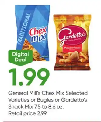 Stater Bros General Mill's Chex Mix Selected or Bugles or Gardetto's Snack Mix 7.5 to 8.6 oz offer